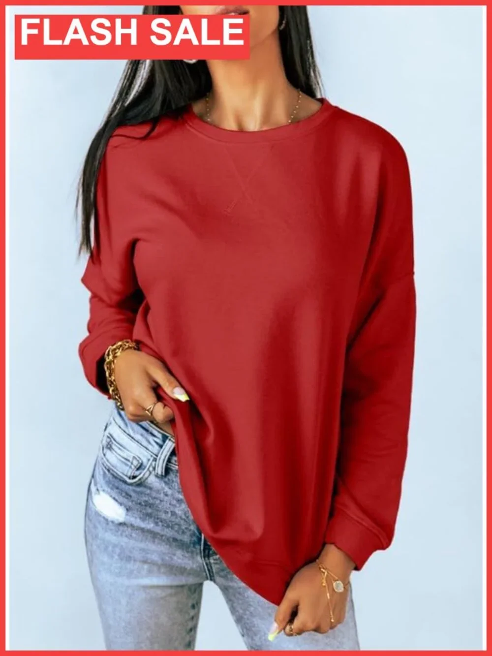 Crew Neck Sweatshirt Loose Fit Long Sleeve Pullover Top with Side Splits